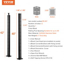VEVOR Cable Railing Post, 42" x 2" x 2" Steel L-Shaped Hole Corner Railing Post, 12 Pre-Drilled Holes, SUS304 Stainless Steel Cable Rail Post with Horizontal and Curved Bracket, 1-Pack, Black