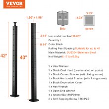 VEVOR Cable Railing Post, 42" x 2" x 2" Steel L-Shaped Hole Corner Railing Post, 12 Pre-Drilled Holes, SUS304 Stainless Steel Cable Rail Post with Horizontal and Curved Bracket, 1-Pack, Black