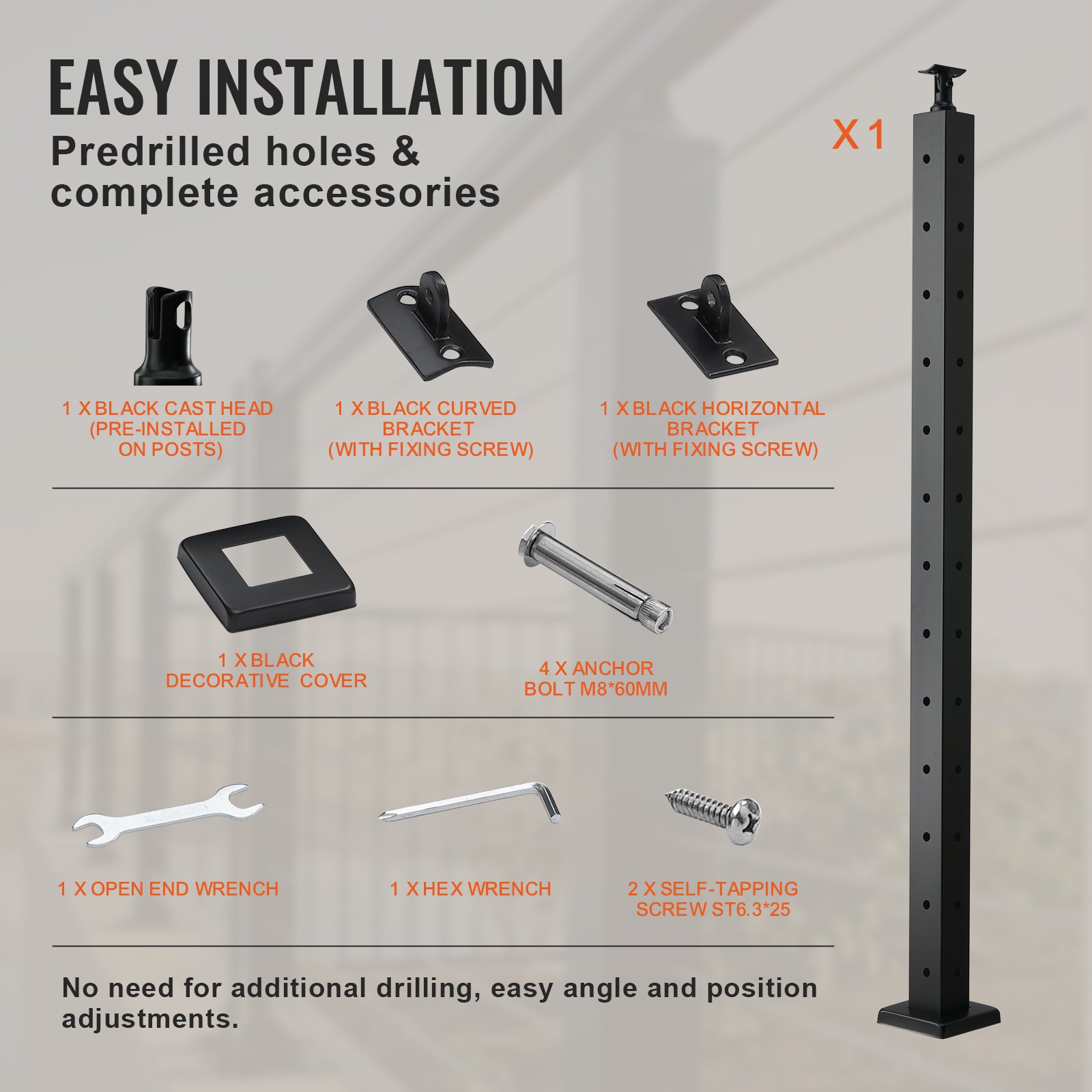 VEVOR Cable Railing Post, 42" x 2" x 2" Steel L-Shaped Hole Corner Railing Post, 12 Pre-Drilled Holes, SUS304 Stainless Steel Cable Rail Post with Horizontal and Curved Bracket, 1JZLGZ106755UOBB9V0