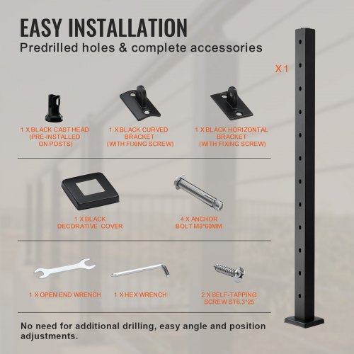 VEVOR Cable Railing Post 42 in. L x 2 in. W x 2 in. H 30° Angled Hole Stair Railing Post Black Cable Rail Post (1-Pack )