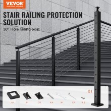 VEVOR Cable Railing Post, 42" x 2" x 2" Steel 30° Angled Hole Stair Railing Post, 12 Pre-Drilled Holes, SUS304 Stainless Steel Cable Rail Post with Horizontal and Curved Bracket, 1-Pack, Black, 106.7*5*5 cm