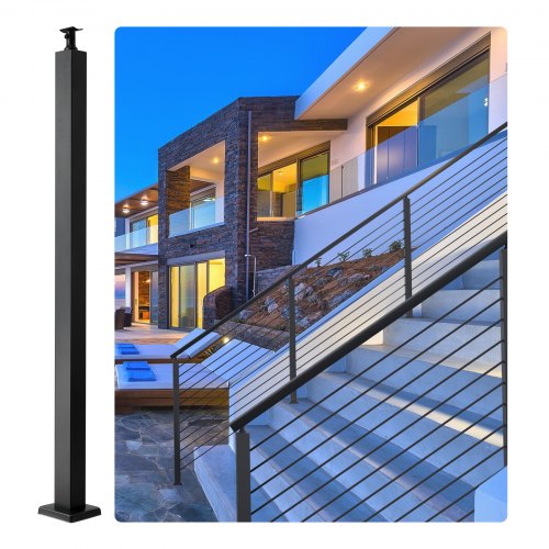 VEVOR Cable Railing Post, 36" x 2" x 2" Steel Level Deck Railing Post Without Holes, SUS304 Stainless Steel Cable Rail Post, Stair Handrail Post with Horizontal and Curved Bracket, 1-Pack, Black