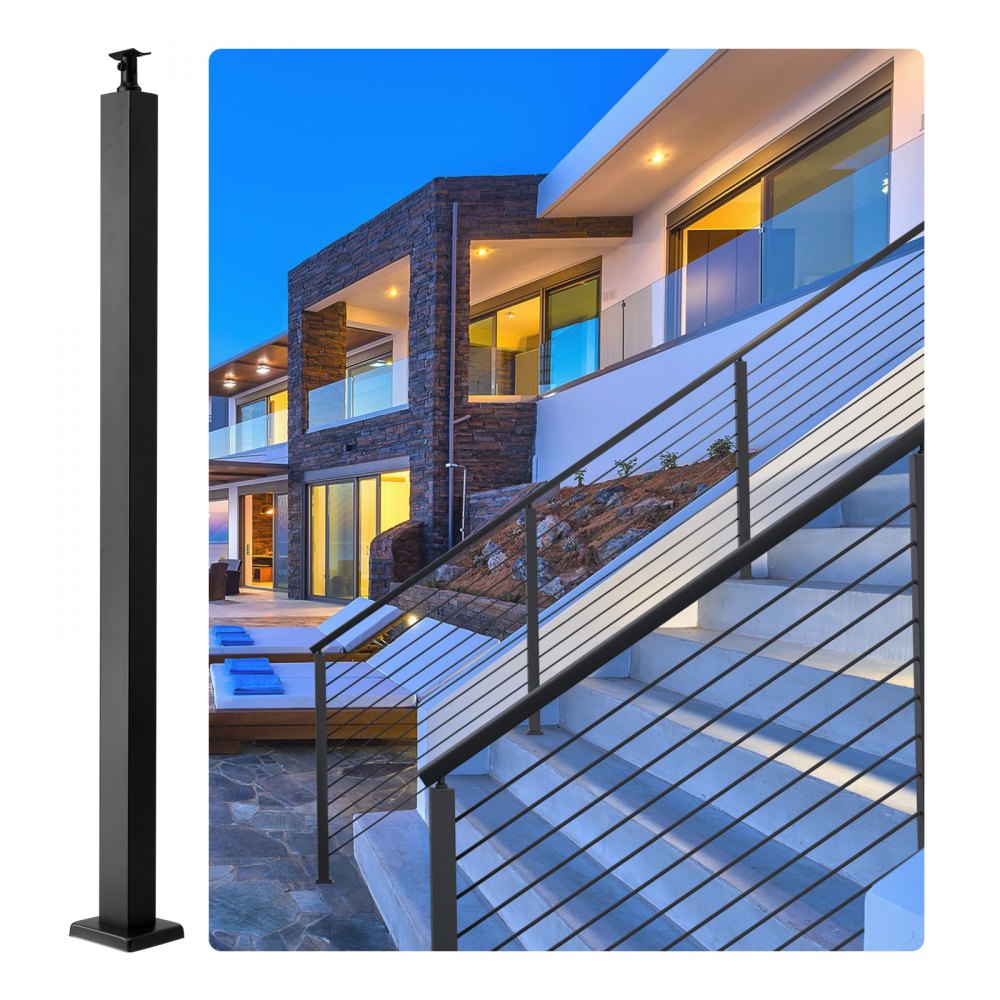 VEVOR Cable Railing Post, 36" x 2" x 2" Steel Level Deck Railing Post Without Holes, SUS304 Stainless Steel Cable Rail Post, Stair Handrail Post with Horizontal and Curved Bracket, 1-Pack, Black