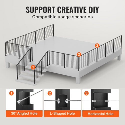 VEVOR Cable Railing Post 36 in. L x 1 in. W x 2 in. H Steel 30° Angled Hole Stair Railing Post Cable Rail Post (1-Pack )