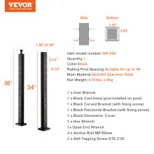 VEVOR Cable Railing Post, 36" x 2" x 2" Steel Horizontal Hole Deck Railing Post, 10 Pre-Drilled Holes, SUS304 Stainless Steel Cable Rail Post with Horizontal and Curved Bracket, 1-Pack, Black