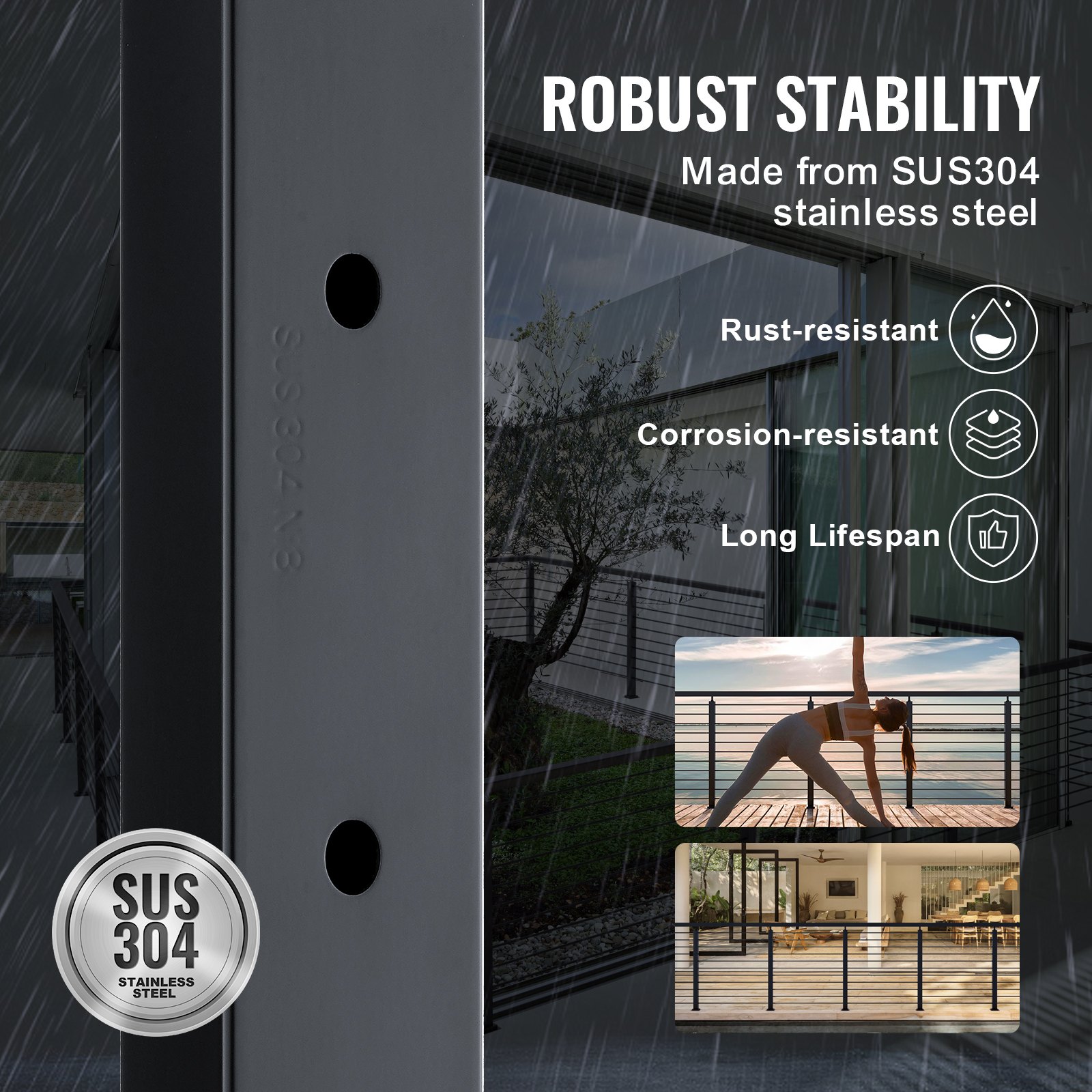 VEVOR Cable Railing Post, 36" x 2" x 2" Steel Horizontal Hole Deck Railing Post, 10 Pre-Drilled Holes, SUS304 Stainless Steel Cable Rail Post with Horizontal and Curved Bracket, 1-Pack, Black, 91.4*5*5 cm