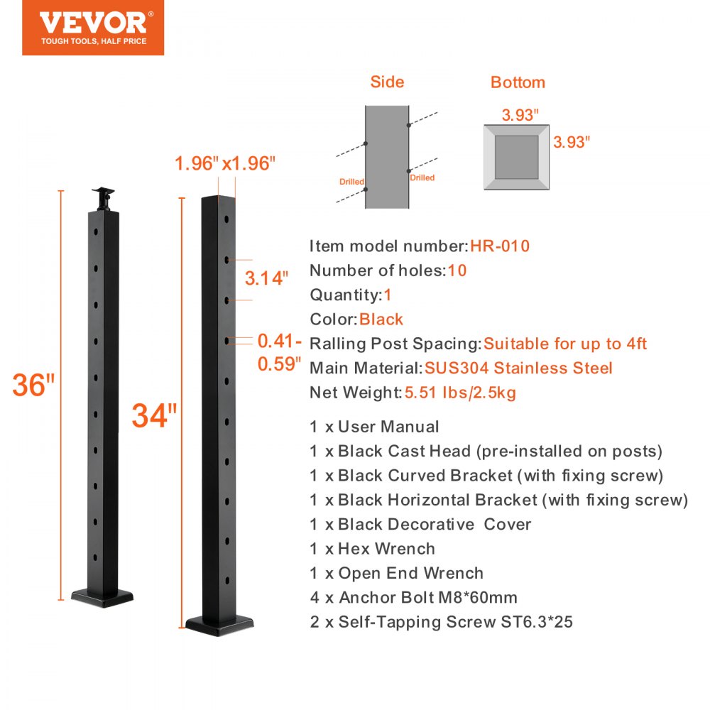 VEVOR Cable Railing Post 36x2x2in/91.4x5.1x5.1 cm 30° Angled Hole Stair Railing Post Black 1Pc