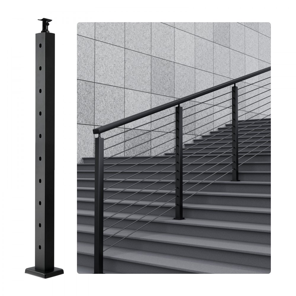 black VEVOR cable railing post installed on modern gray staircase with stainless steel cables.