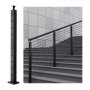 black VEVOR cable railing post installed on modern gray staircase with stainless steel cables.