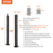 VEVOR Cable Railing Post, 36" x 2" x 2" Steel 30° Angled Hole Stair Railing Post, 10 Pre-Drilled Holes, SUS304 Stainless Steel Cable Rail Post with Horizontal and Curved Bracket, 1-Pack, Black, 91.4*5*5 cm