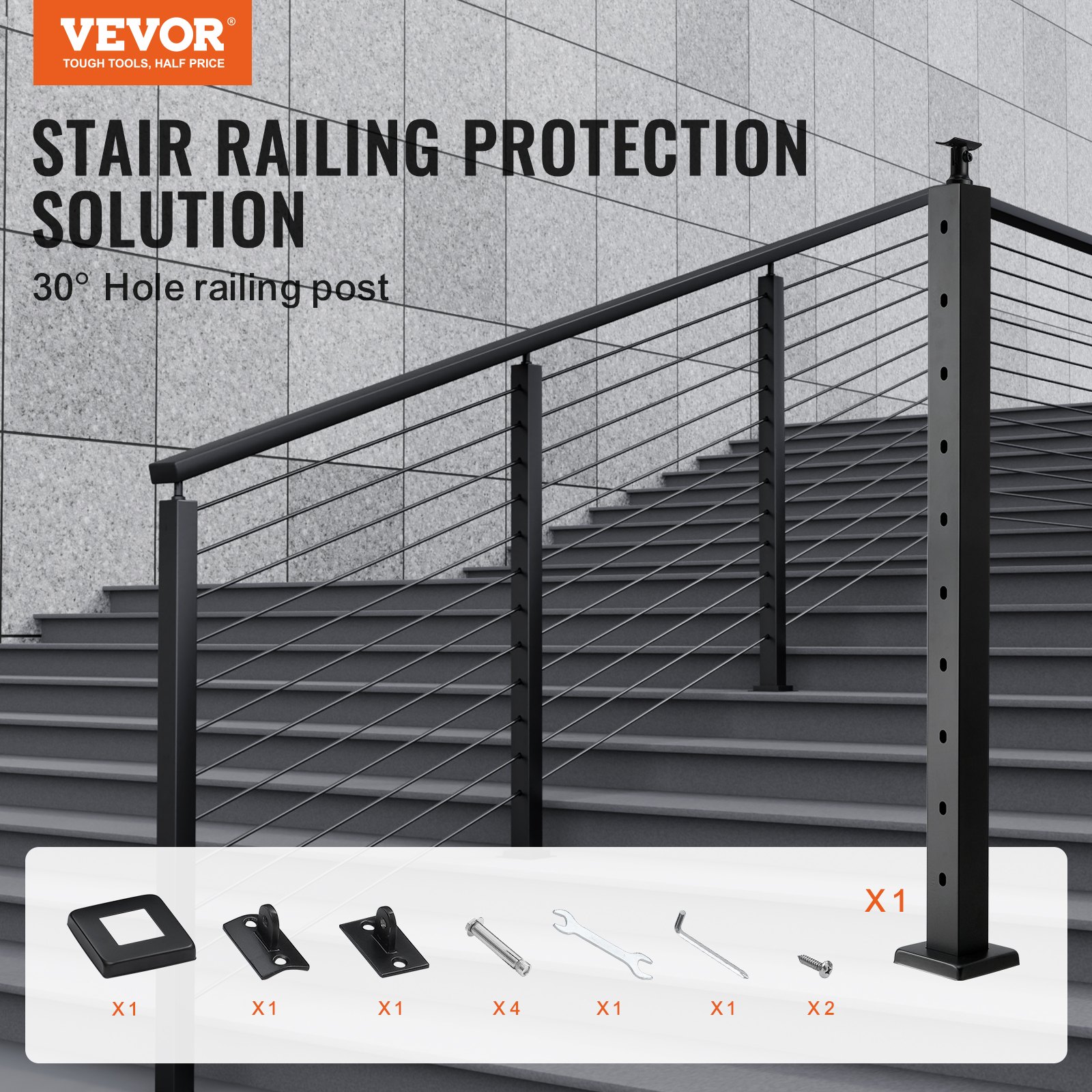 VEVOR Cable Railing Post 36x2x2in/91.4x5.1x5.1 cm 30° Angled Hole Stair Railing Post Black 1Pc