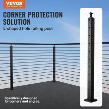 VEVOR Cable Railing Post, 36" x 2" x 2" Steel L-Shaped Hole Corner Railing Post, 10 Pre-Drilled Holes, SUS304 Stainless Steel Cable Rail Post with Horizontal and Curved Bracket, 1-Pack, Black, 91.4*5*5 cm