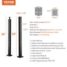 VEVOR Cable Railing Post 36x2x2in L-Shaped Hole Corner Railing Post Black 1Pc 1JZLGZ91455HVMLPYV0