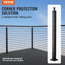 VEVOR Cable Railing Post, 36" x 2" x 2" Steel L-Shaped Hole Corner Railing Post, 10 Pre-Drilled Holes, SUS304 Stainless Steel Cable Rail Post with Horizontal and Curved Bracket, 1-Pack, Black