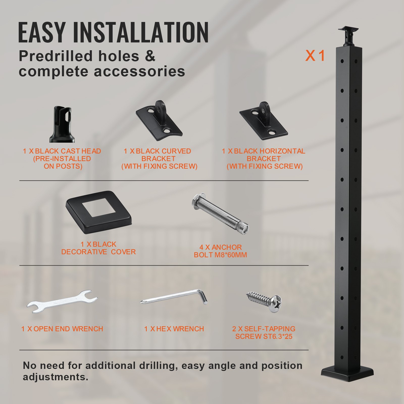 VEVOR Cable Railing Post, 36" x 2" x 2" Steel L-Shaped Hole Corner Railing Post, 11 Pre-Drilled Holes, SUS304 Stainless Steel Cable Rail Post with Horizontal and Curved Bracket, 1JZLGZ91455HVMLPYV0