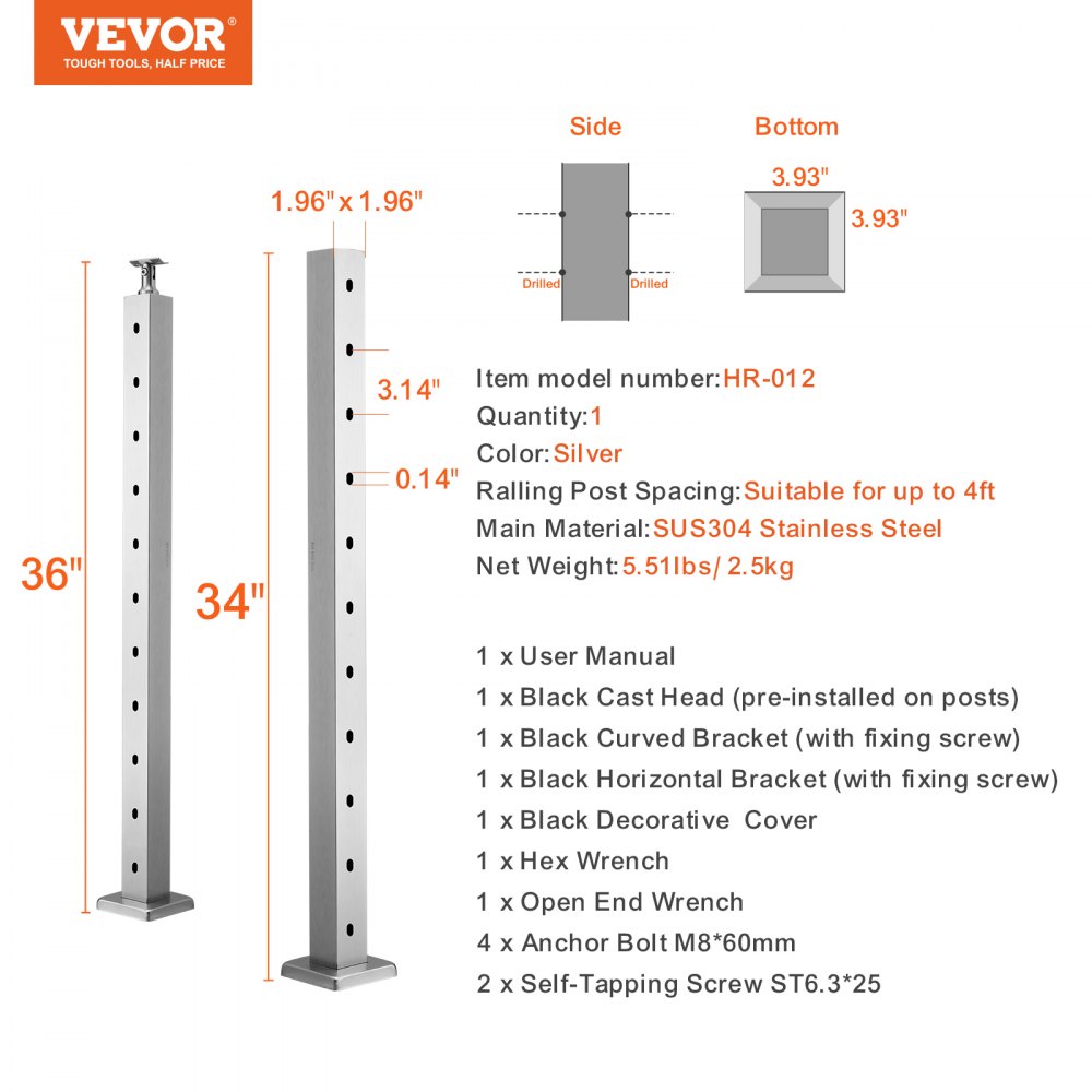 VEVOR Cable Railing Post, 36" x 2" x 2" Steel Horizontal Hole Deck Railing Post, 10 Pre-Drilled Holes, SUS304 Stainless Steel Cable Rail Post with Horizontal and Curved Bracket, 1JZLGZ91455YMDM3LV0