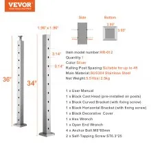 VEVOR Cable Railing Post 36x2x2in Horizontal Hole Deck Railing Post Silver 1Pack