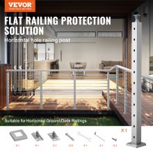 VEVOR Cable Railing Post, 36" x 2" x 2" Steel Horizontal Hole Deck Railing Post, 10 Pre-Drilled Holes, SUS304 Stainless Steel Cable Rail Post with Horizontal and Curved Bracket, 1-Pack, Silver