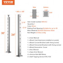 VEVOR Cable Railing Post, 36" x 2" x 2" Steel Horizontal Hole Deck Railing Post, 10 Pre-Drilled Holes, SUS304 Stainless Steel Cable Rail Post with Horizontal and Curved Bracket, 1-Pack, Silver