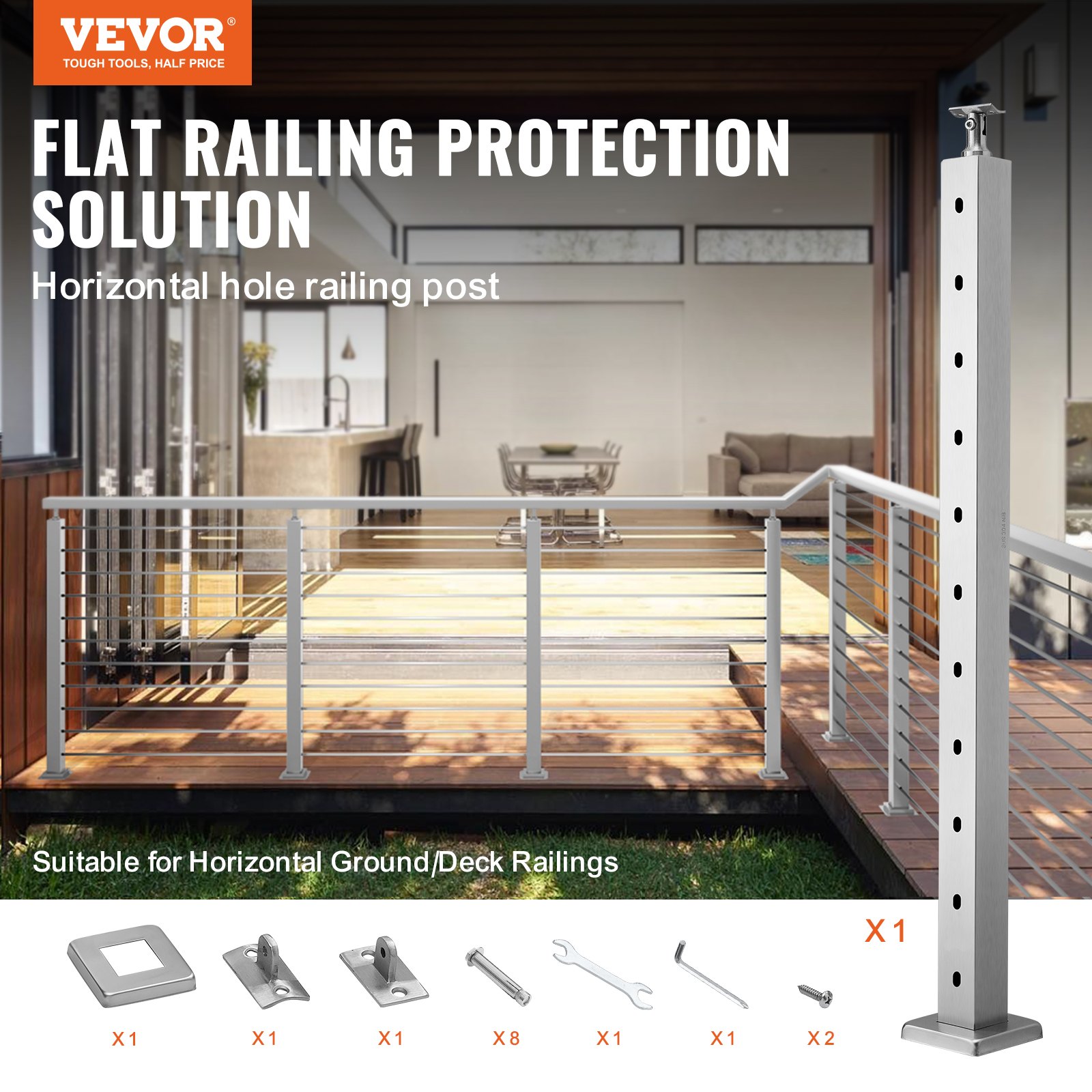 VEVOR Cable Railing Post, 36" x 2" x 2" Steel Horizontal Hole Deck Railing Post, 10 Pre-Drilled Holes, SUS304 Stainless Steel Cable Rail Post with Horizontal and Curved Bracket, 1JZLGZ91455YMDM3LV0