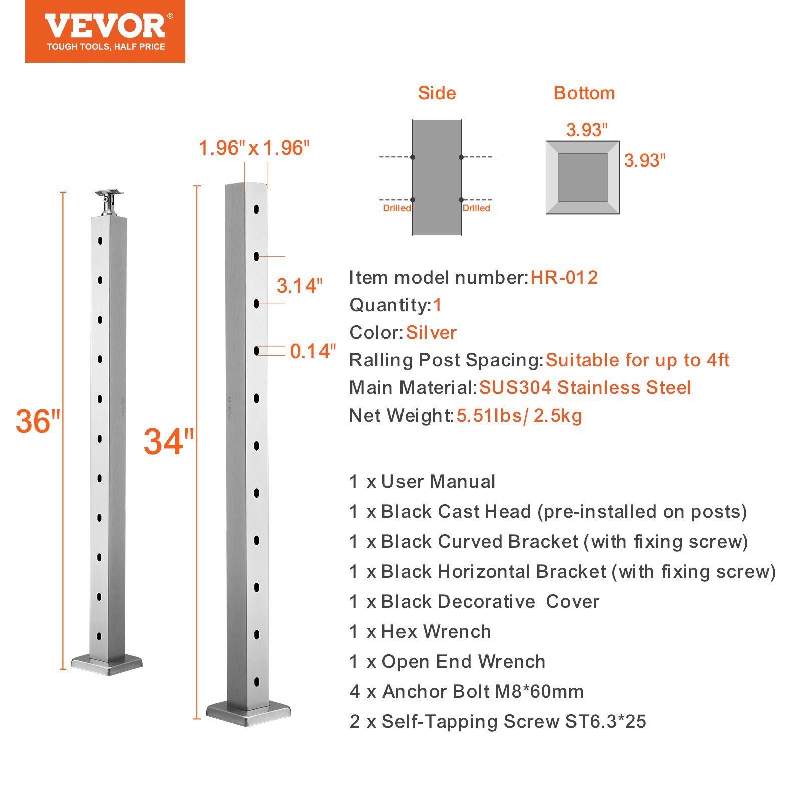 VEVOR Cable Railing Post, 36" x 2" x 2" Steel Horizontal Hole Deck Railing Post, 10 Pre-Drilled Holes, SUS304 Stainless Steel Cable Rail Post with Horizontal and Curved Bracket, 1JZLGZ91455YMDM3LV0