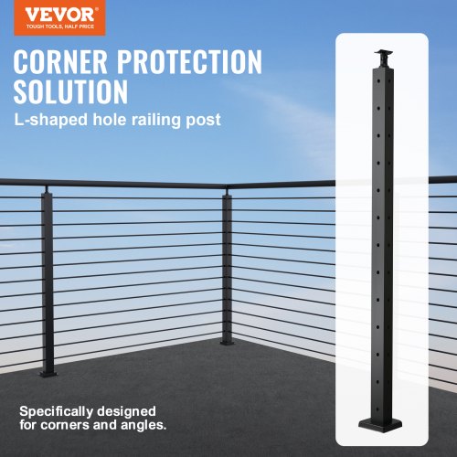 VEVOR Cable Railing Post, 42 x 1 x 2 in. Steel L-Shaped Hole Corner Railing Post, 12 Holes, Stair Railing Kit, SUS304, Black