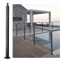 VEVOR cable railing post on a wooden deck beside a pool, with modern stone and concrete structures.