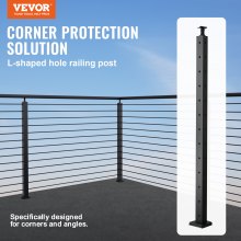 VEVOR Cable Railing Post, 42" x 1" x 2" Steel L-Shaped Hole Corner Railing Post, 12 Pre-Drilled Holes, SUS304 Stainless Steel Cable Rail Post with Horizontal and Curved Bracket, 1-Pack, Black