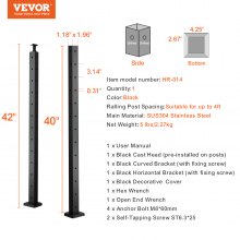 VEVOR Cable Railing Post, 42" x 1" x 2" Steel L-Shaped Hole Corner Railing Post, 12 Pre-Drilled Holes, SUS304 Stainless Steel Cable Rail Post with Horizontal and Curved Bracket, 1-Pack, Black