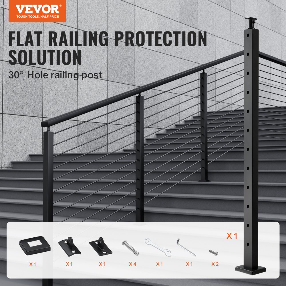 VEVOR Cable Railing Post, 42" x 1" x 2" Steel 30° Angled Hole Stair Railing Post, 12 Pre-Drilled Holes, SUS304 Stainless Steel Cable Rail Post with Horizontal and Curved Bracket, 1JZLGZHS1067HNEKBV0