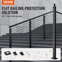 VEVOR Cable Railing Post, 42" x 1" x 2" Steel 30° Angled Hole Stair Railing Post, 12 Pre-Drilled Holes, SUS304 Stainless Steel Cable Rail Post with Horizontal and Curved Bracket, 1-Pack, Black, 106.7*2.5*5 cm