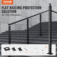VEVOR Cable Railing Post, 42" x 1" x 2" Steel 30° Angled Hole Stair Railing Post, 12 Pre-Drilled Holes, SUS304 Stainless Steel Cable Rail Post with Horizontal and Curved Bracket, 1-Pack, Black 1JZLGZHS1067HNEKBV0