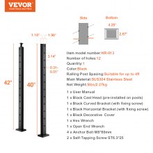 VEVOR Cable Railing Post, 42" x 1" x 2" Steel 30° Angled Hole Stair Railing Post, 12 Pre-Drilled Holes, SUS304 Stainless Steel Cable Rail Post with Horizontal and Curved Bracket, 1-Pack, Black, 106.7*2.5*5 cm