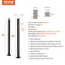 VEVOR Cable Railing Post, 42" x 1" x 2" Steel 30° Angled Hole Stair Railing Post, 12 Pre-Drilled Holes, SUS304 Stainless Steel Cable Rail Post with Horizontal and Curved Bracket, 1-Pack, Black 1JZLGZHS1067HNEKBV0