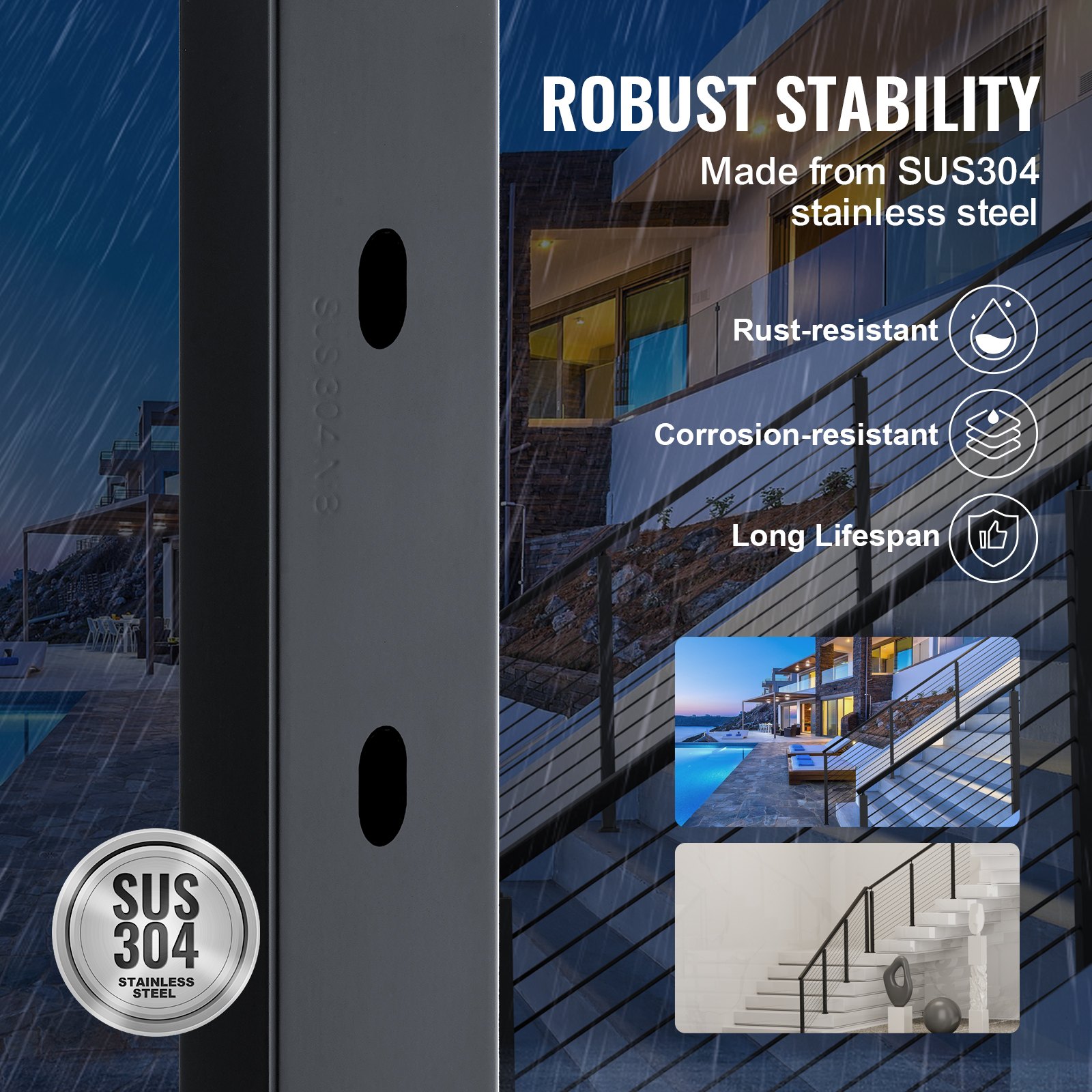 VEVOR Cable Railing Post, 42" x 1" x 2" Steel 30° Angled Hole Stair Railing Post, 12 Pre-Drilled Holes, SUS304 Stainless Steel Cable Rail Post with Horizontal and Curved Bracket, 1JZLGZHS1067HNEKBV0