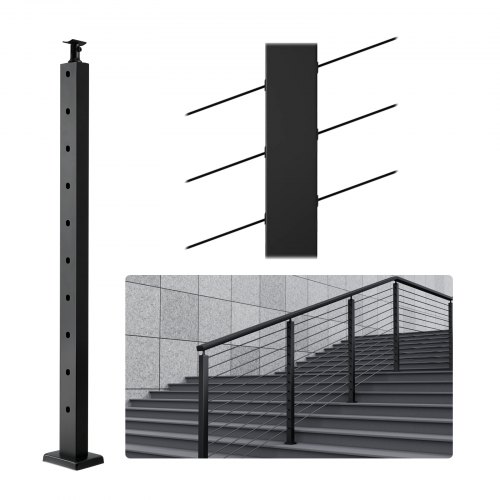 VEVOR Cable Railing Post, 36" x 1" x 2" Steel 30° Angled Hole Stair Railing Post, 10 Pre-Drilled Holes, SUS304 Stainless Steel Cable Rail Post with Horizontal and Curved Bracket, 1-Pack, Black