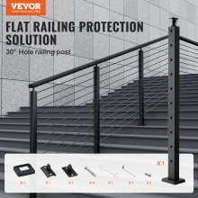 VEVOR Cable Railing Post, 36" x 1" x 2" Steel 30° Angled Hole Stair Railing Post, 10 Pre-Drilled Holes, SUS304 Stainless Steel Cable Rail Post with Horizontal and Curved Bracket, 1-Pack, Black