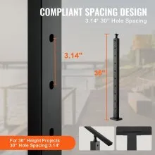 VEVOR Cable Railing Post, 36" x 1" x 2" Steel 30° Angled Hole Stair Railing Post, 10 Pre-Drilled Holes, SUS304 Stainless Steel Cable Rail Post with Horizontal and Curved Bracket, 1-Pack, Black 1JZLGZHS91424HS5GV0