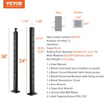 VEVOR Cable Railing Post, 36" x 1" x 2" Steel 30° Angled Hole Stair Railing Post, 10 Pre-Drilled Holes, SUS304 Stainless Steel Cable Rail Post with Horizontal and Curved Bracket, 1-Pack, Black, 91.4*2.5*5 cm