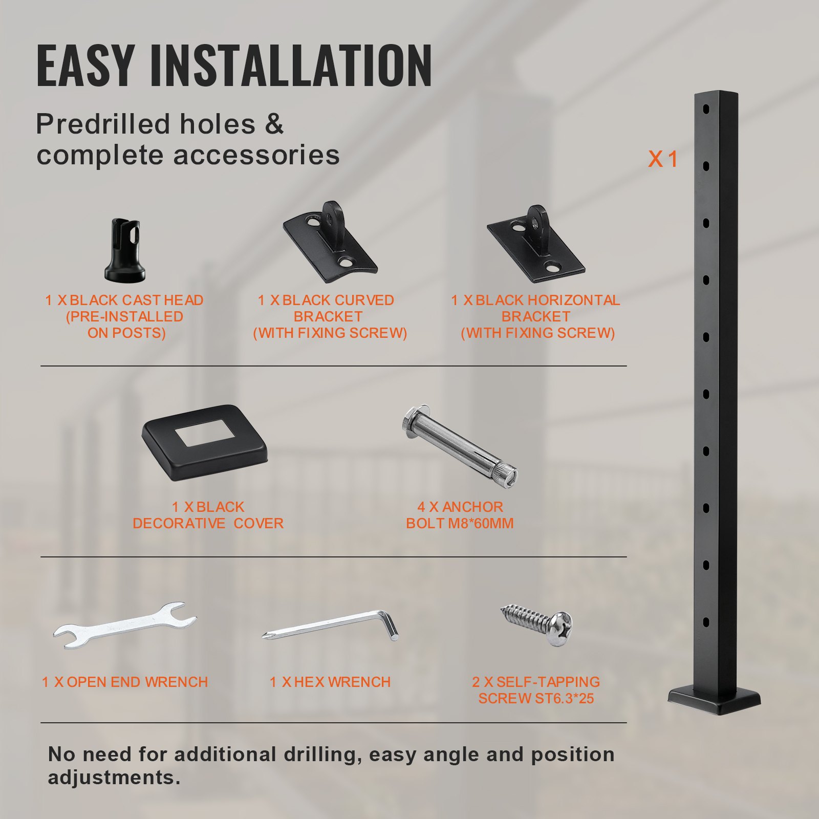 VEVOR Cable Railing Post, 36" x 1" x 2" Steel 30° Angled Hole Stair Railing Post, 10 Pre-Drilled Holes, SUS304 Stainless Steel Cable Rail Post with Horizontal and Curved Bracket, 1JZLGZHS91424HS5GV0