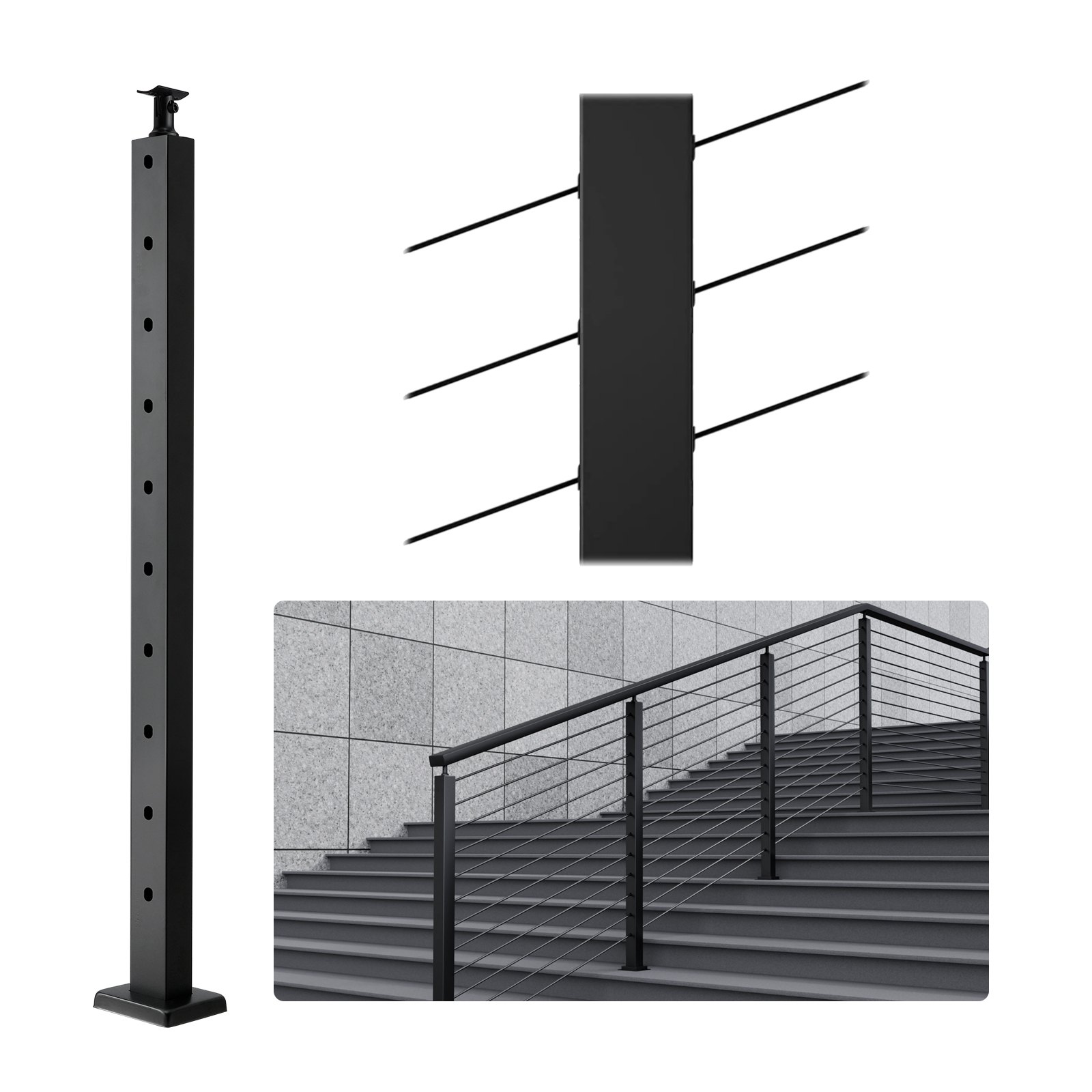 VEVOR Cable Railing Post, 36" x 1" x 2" Steel 30° Angled Hole Stair Railing Post, 10 Pre-Drilled Holes, SUS304 Stainless Steel Cable Rail Post with Horizontal and Curved Bracket, 1JZLGZHS91424HS5GV0