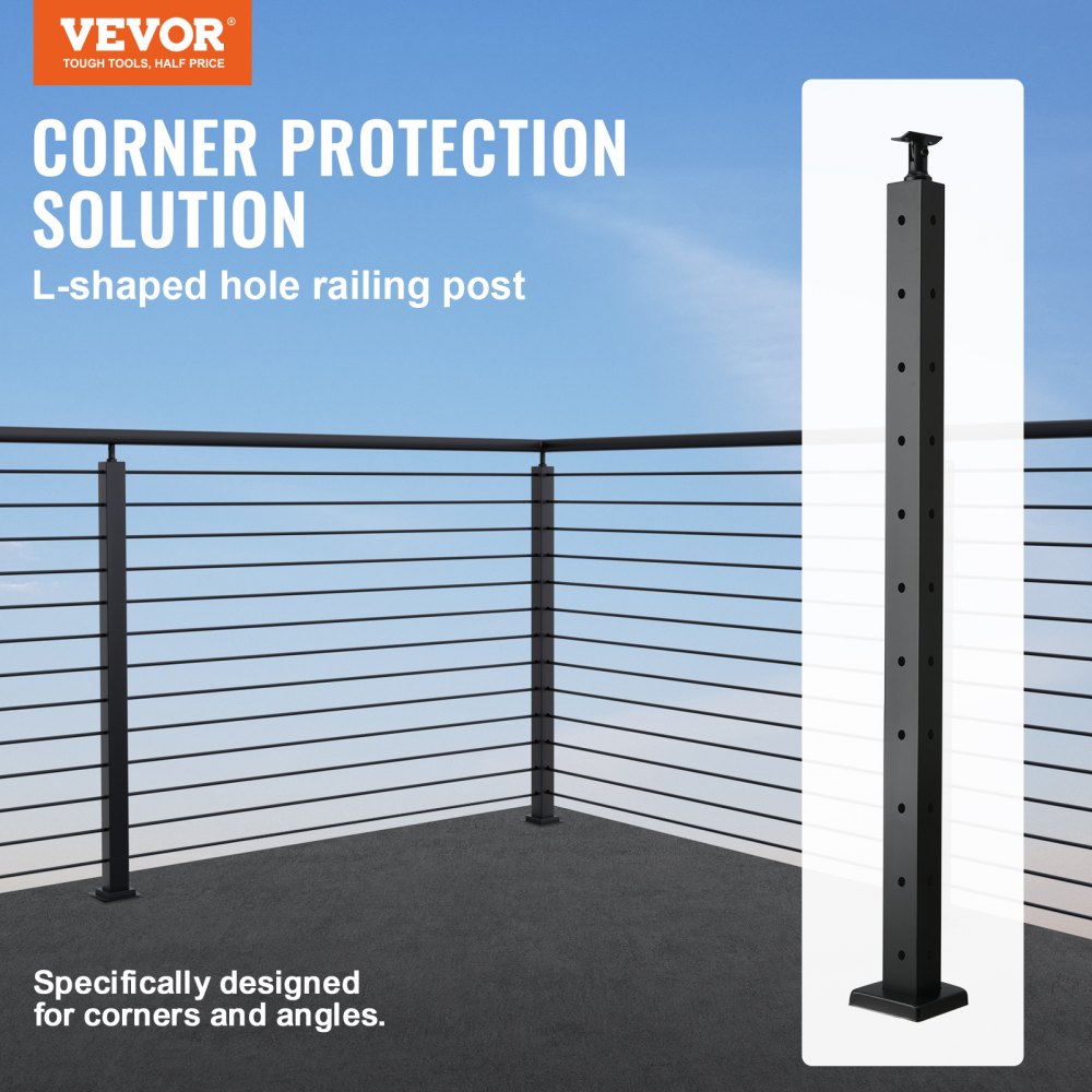 VEVOR Cable Railing Post, 36" x 1" x 2" Steel L-Shaped Hole Corner Railing Post, 10 Pre-Drilled Holes, SUS304 Stainless Steel Cable Rail Post with Horizontal and Curved Bracket, 1JZLGZHS9142UYBR4V0