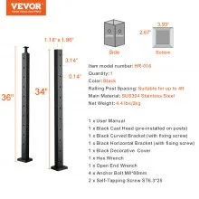 VEVOR Cable Railing Post 36x1x2in L-Shaped Hole Corner Railing Post Black 1Pc 1JZLGZHS9142UYBR4V0