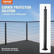 VEVOR Cable Railing Post, 36" x 1" x 2" Steel L-Shaped Hole Corner Railing Post, 10 Pre-Drilled Holes, SUS304 Stainless Steel Cable Rail Post with Horizontal and Curved Bracket, 1-Pack, Black