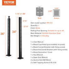 VEVOR Cable Railing Post, 36" x 1" x 2" Steel L-Shaped Hole Corner Railing Post, 10 Pre-Drilled Holes, SUS304 Stainless Steel Cable Rail Post with Horizontal and Curved Bracket, 1-Pack, Black