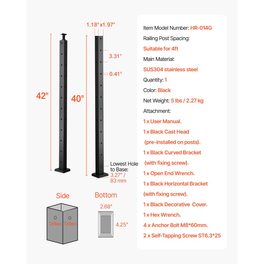 VEVOR Cable Railing Post, 42x1x2 Inch Corner Railing Post, with L-Shaped Pre-Drilled Holes, Stainless Steel Cable Rail Post with Horizontal and Curved Bracket, 1-Pack, Black, 1JZLGZXHS10607YXO001V0