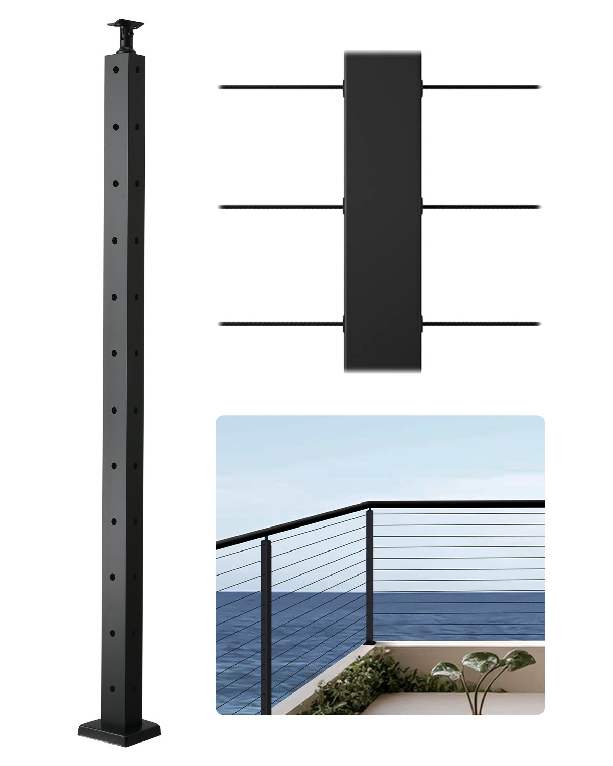 VEVOR Cable Railing Post, 42x1x2 Inch Corner Railing Post, with L-Shaped Pre-Drilled Holes, Stainless Steel Cable Rail Post with Horizontal and Curved Bracket, 1-Pack, Black, 1JZLGZXHS10607YXO001V0