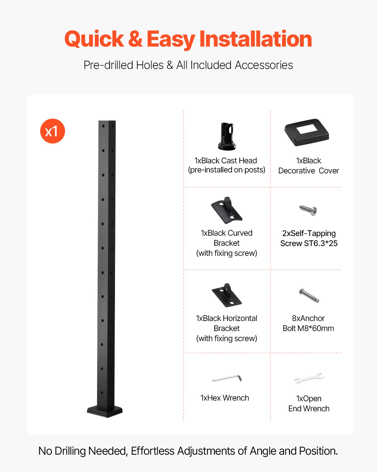 VEVOR Cable Railing Post, 42x1x2 Inch Corner Railing Post, with L-Shaped Pre-Drilled Holes, Stainless Steel Cable Rail Post with Horizontal and Curved Bracket, 1-Pack, Black, 1JZLGZXHS10607YXO001V0