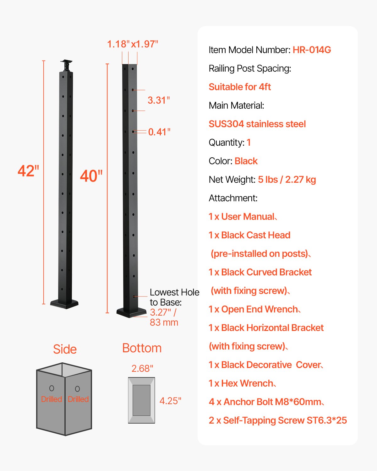VEVOR Cable Railing Post, 42x1x2 Inch Corner Railing Post, with L-Shaped Pre-Drilled Holes, Stainless Steel Cable Rail Post with Horizontal and Curved Bracket, 1-Pack, Black, 1JZLGZXHS10607YXO001V0