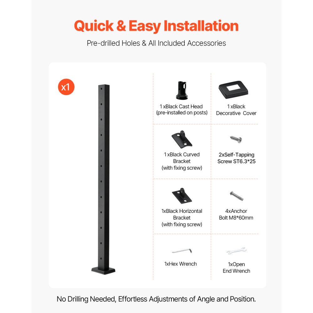 VEVOR Cable Railing Post, 106.7x2.5x5 cm Level Deck Stair Posts, 1-Pack Stainless Steel Cable Handrail Post, Pre-Drilled Pickets with Mounting Bracket Stair Railing Kit, Black, 1JZLGZXHS1063GGTD001V0